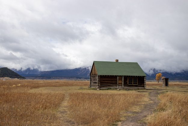 Cabin, Field, Tetons, Stormy, Mountains