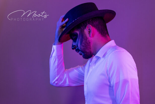 Day of the Dead, Lights, Purple, Red, Hat, Makeup, Fashion Shoot, Male Model